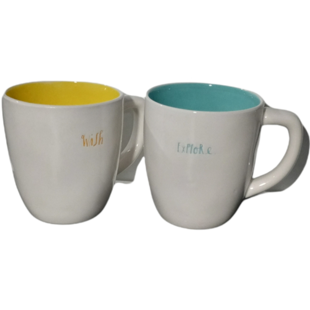 RAE DUNN wish & explore Mugs Springtime Colors Yellow and Teal 4.5x4